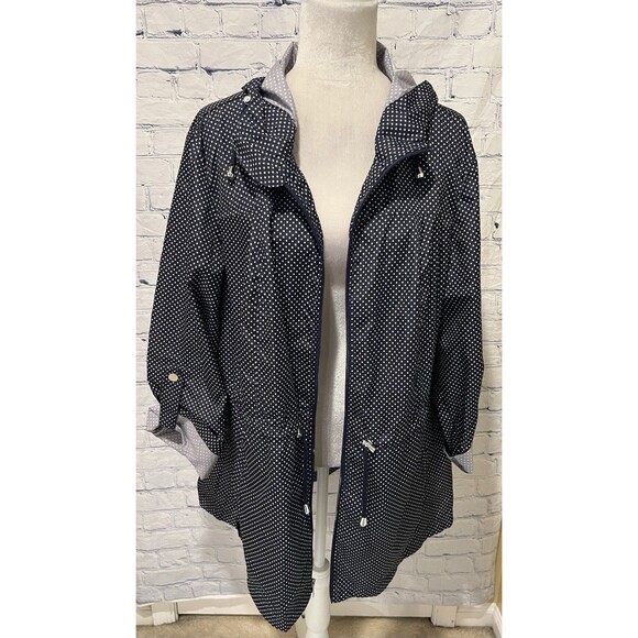 Susan Graver Navy Polka Dot Hooded Packable Rain Jacket with full zip front 1X - Picture 2 of 10